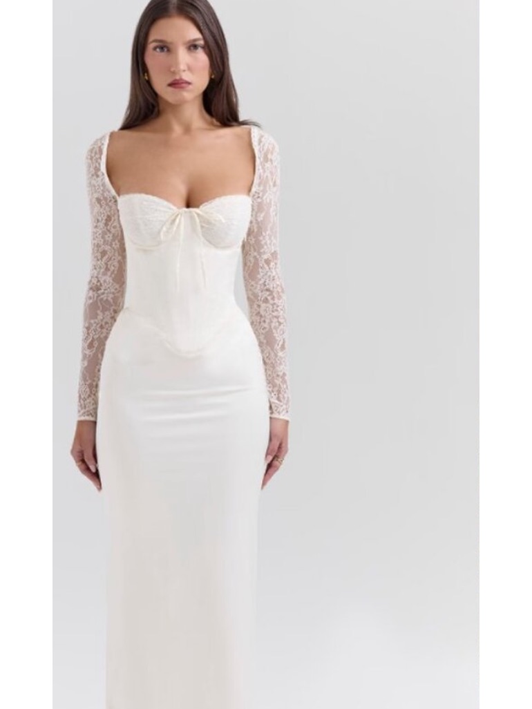 House Of Cb Ivory Long-Sleeve Lace Bodice Maxi Dress